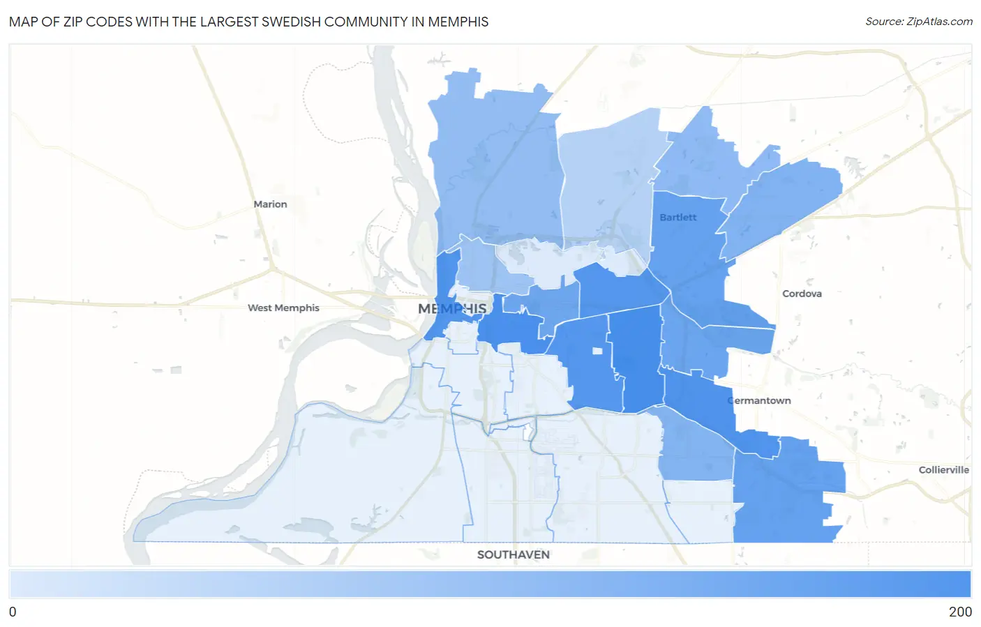 Zip Codes with the Largest Swedish Community in Memphis Map