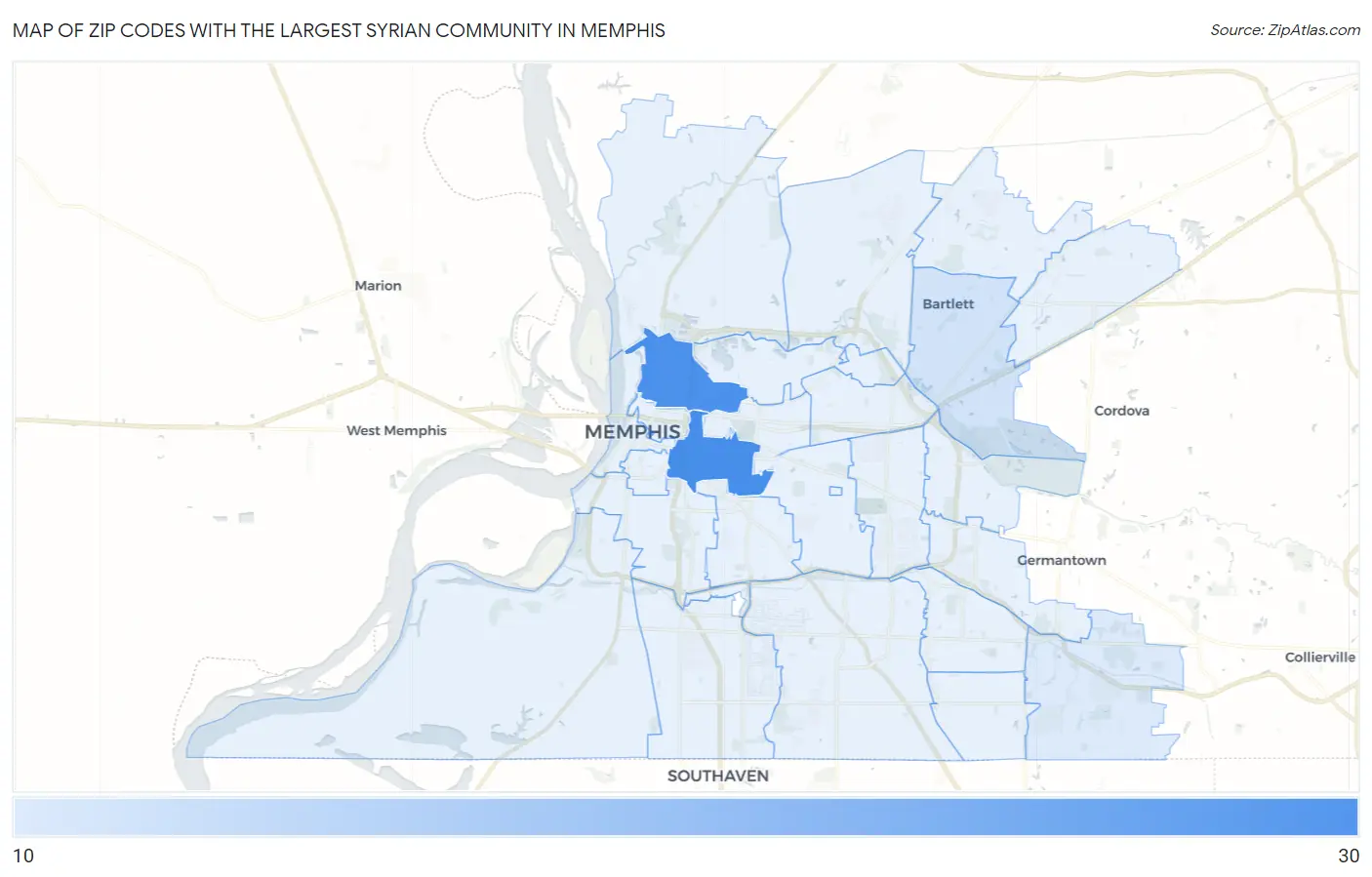 Zip Codes with the Largest Syrian Community in Memphis Map