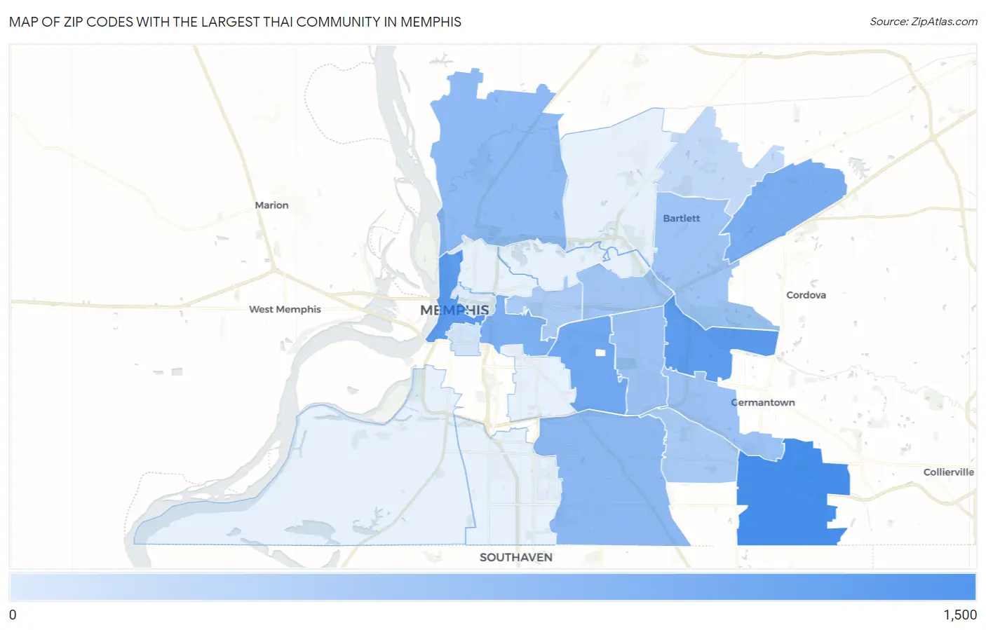 Zip Codes with the Largest Thai Community in Memphis Map
