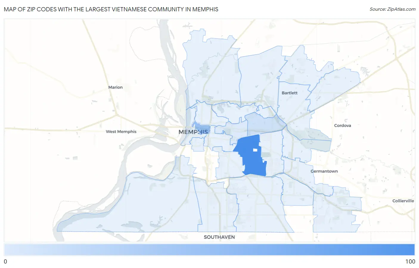 Zip Codes with the Largest Vietnamese Community in Memphis Map