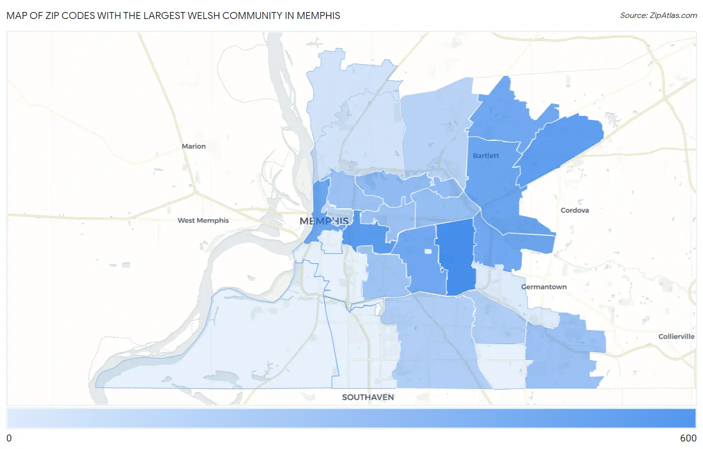 Zip Codes with the Largest Welsh Community in Memphis Map