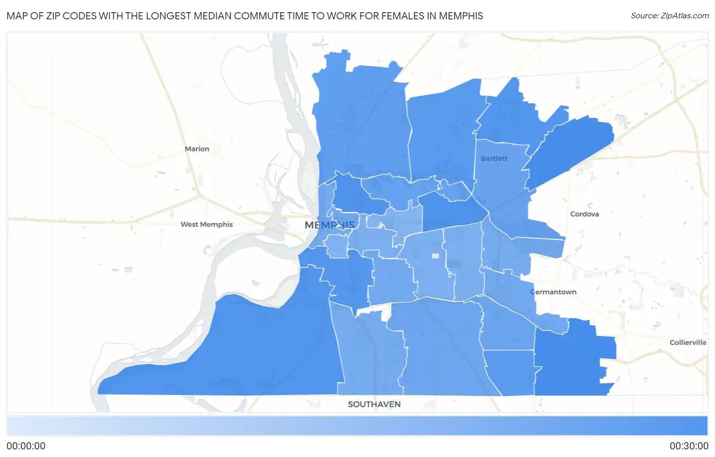 Zip Codes with the Longest Median Commute Time to Work for Females in Memphis Map