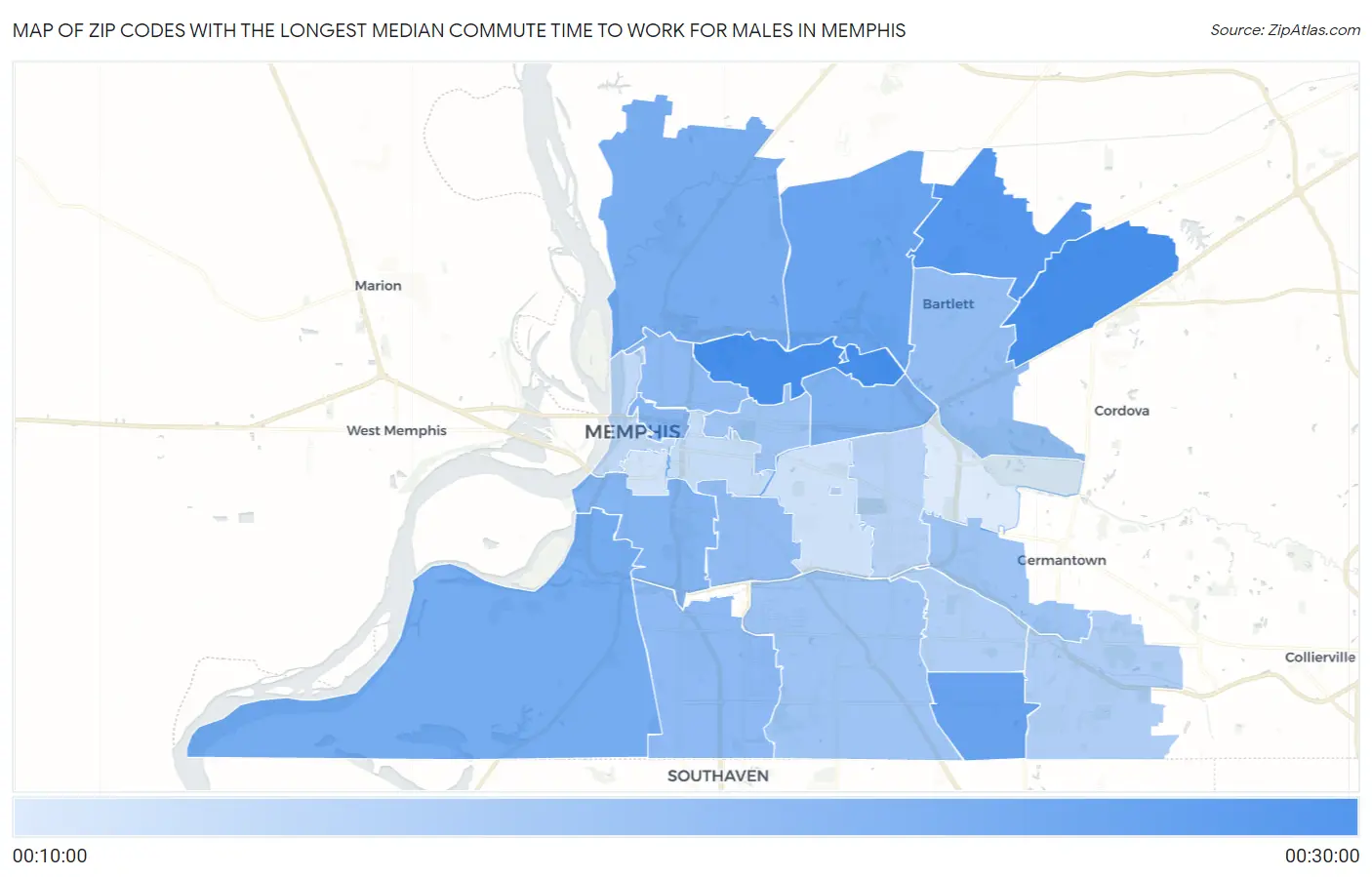 Zip Codes with the Longest Median Commute Time to Work for Males in Memphis Map
