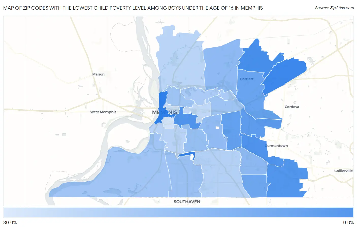 Zip Codes with the Lowest Child Poverty Level Among Boys Under the Age of 16 in Memphis Map