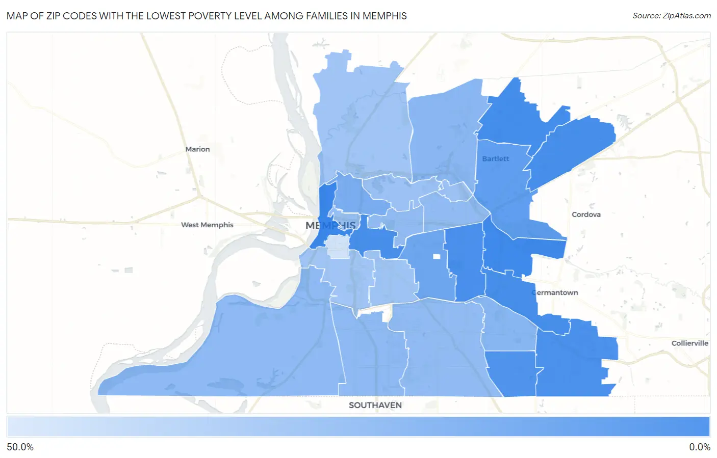 Zip Codes with the Lowest Poverty Level Among Families in Memphis Map