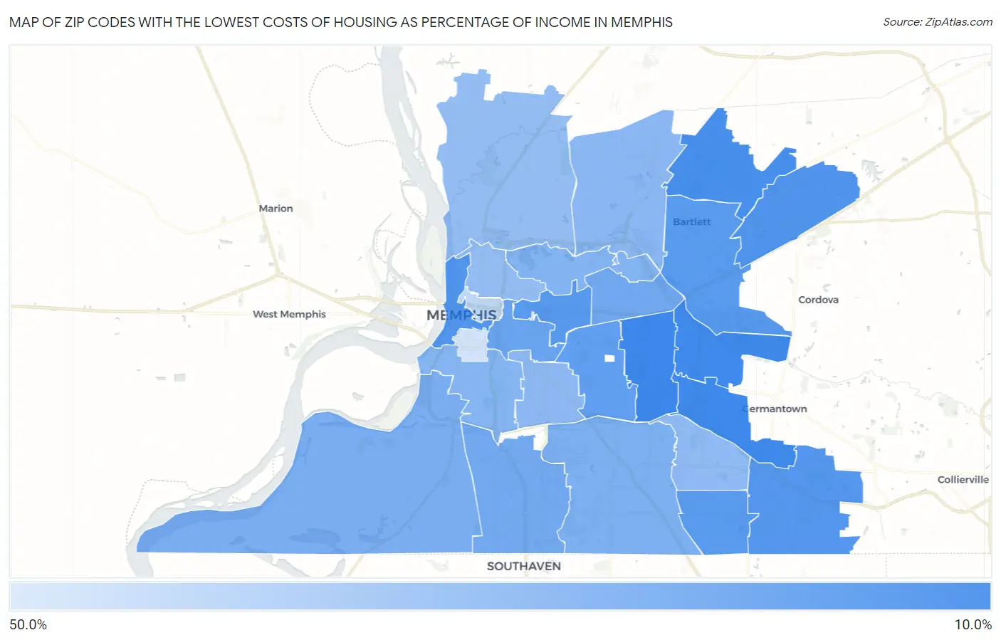 Zip Codes with the Lowest Costs of Housing as Percentage of Income in Memphis Map