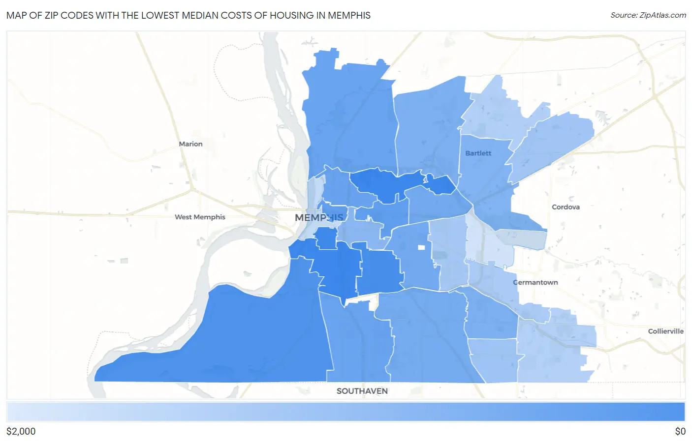 Zip Codes with the Lowest Median Costs of Housing in Memphis Map
