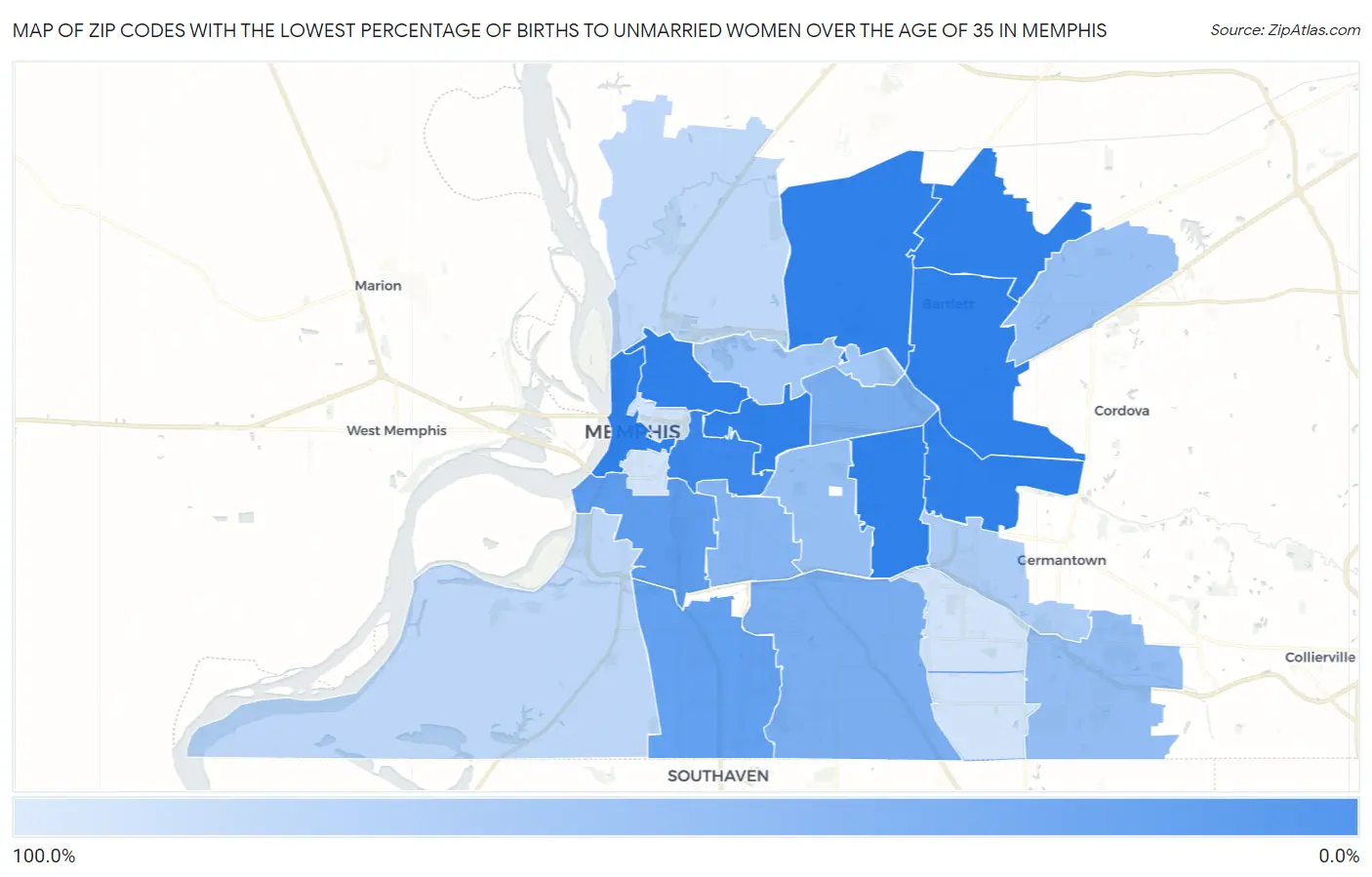 Zip Codes with the Lowest Percentage of Births to Unmarried Women over the Age of 35 in Memphis Map