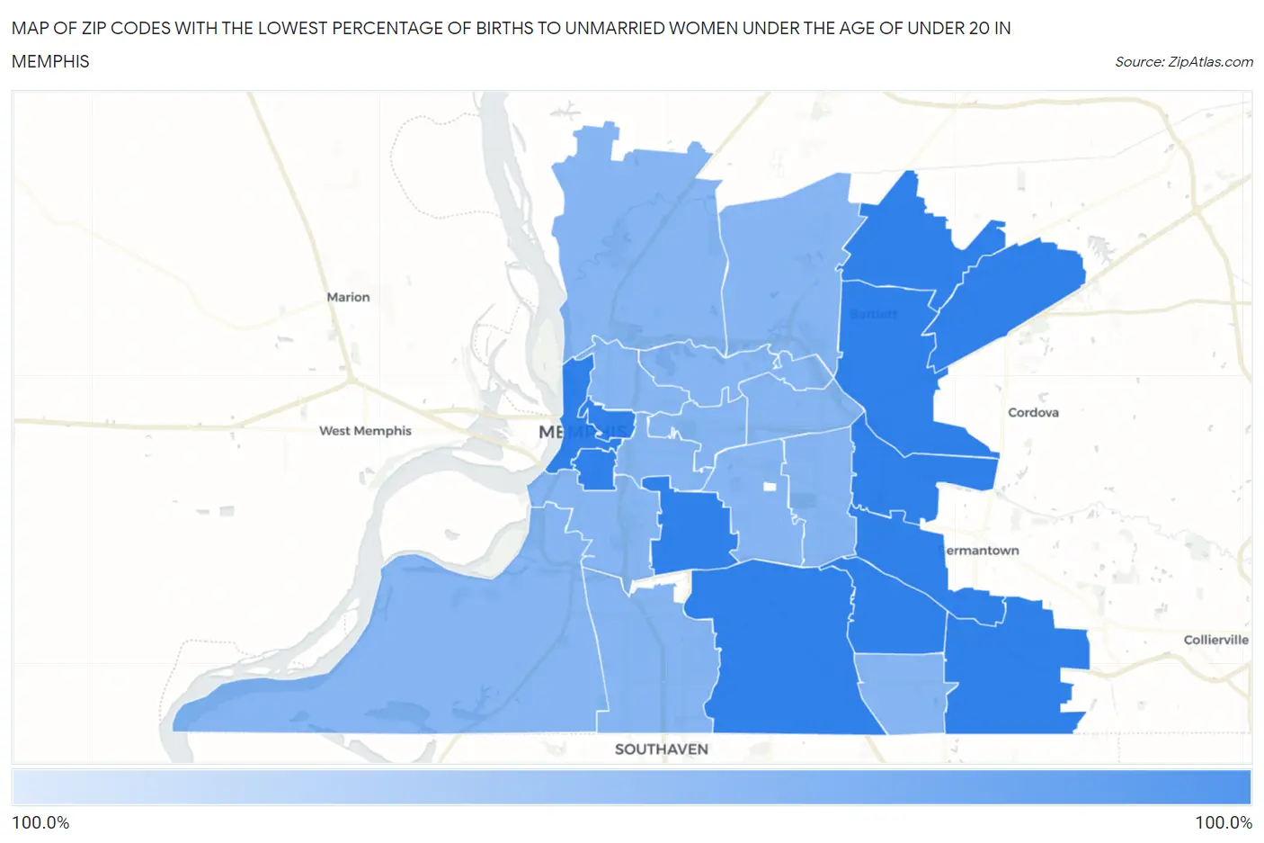 Zip Codes with the Lowest Percentage of Births to Unmarried Women under the Age of under 20 in Memphis Map