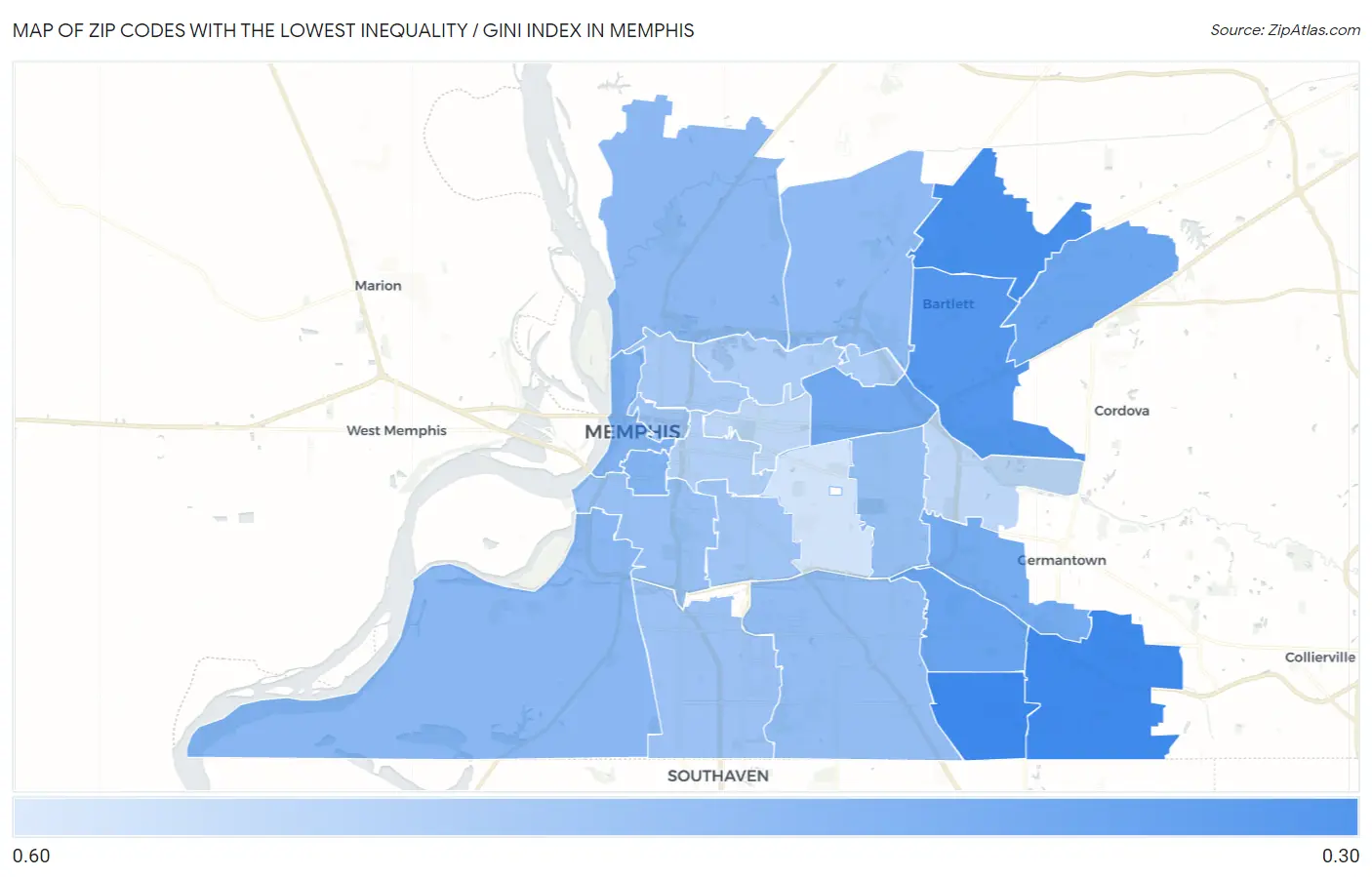 Zip Codes with the Lowest Inequality / Gini Index in Memphis Map