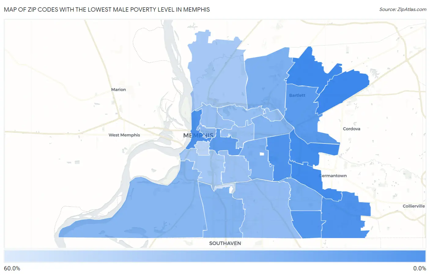 Zip Codes with the Lowest Male Poverty Level in Memphis Map