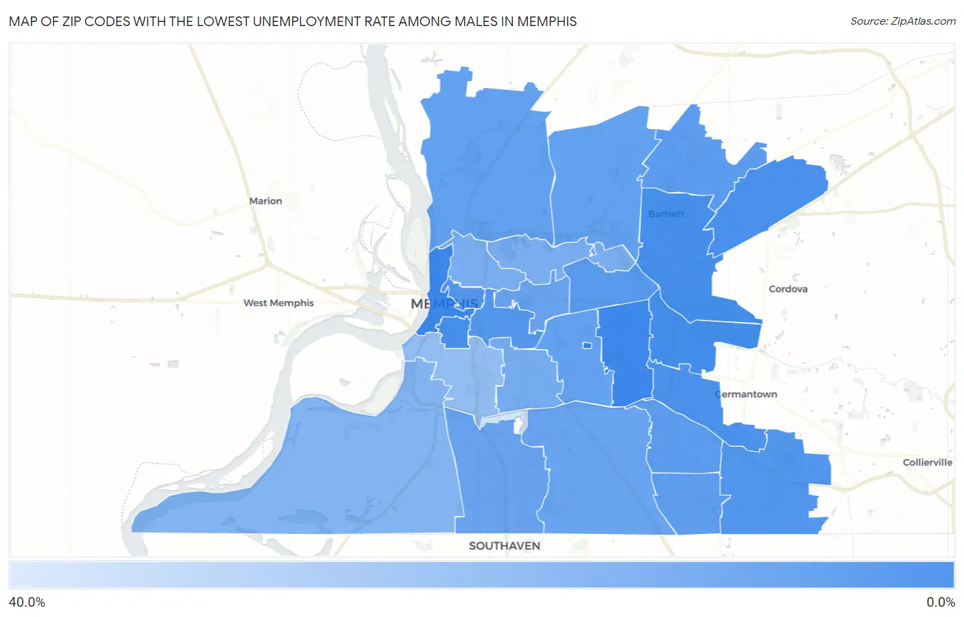 Zip Codes with the Lowest Unemployment Rate Among Males in Memphis Map