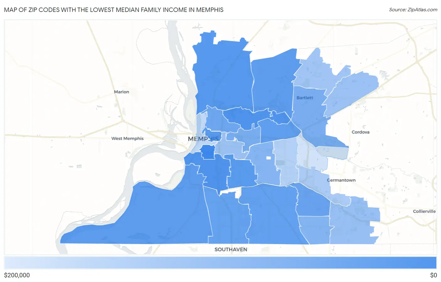 Zip Codes with the Lowest Median Family Income in Memphis Map