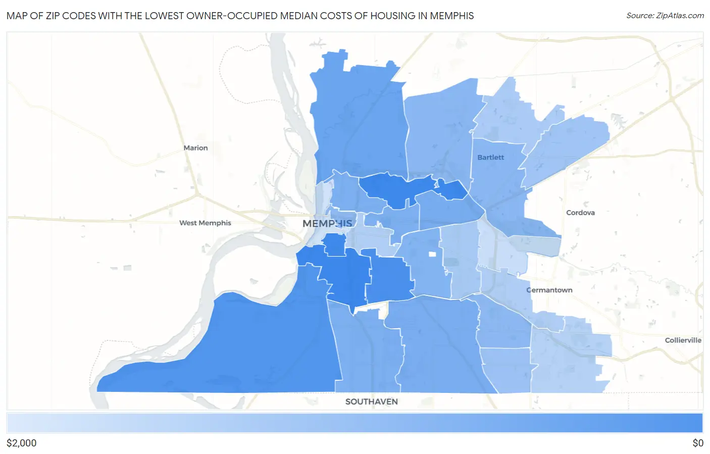 Zip Codes with the Lowest Owner-Occupied Median Costs of Housing in Memphis Map