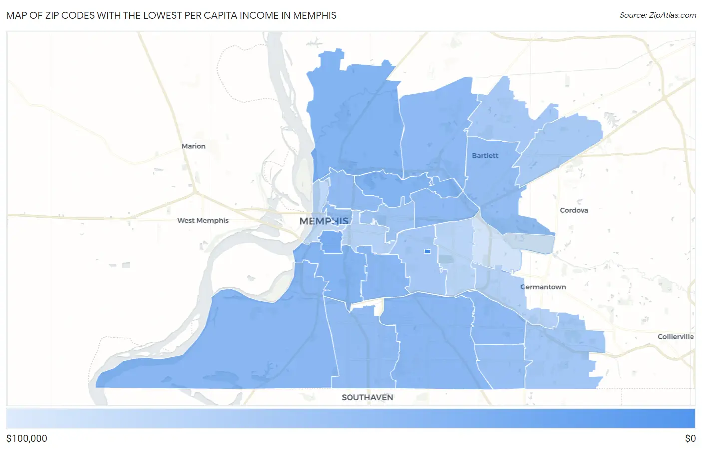 Zip Codes with the Lowest Per Capita Income in Memphis Map