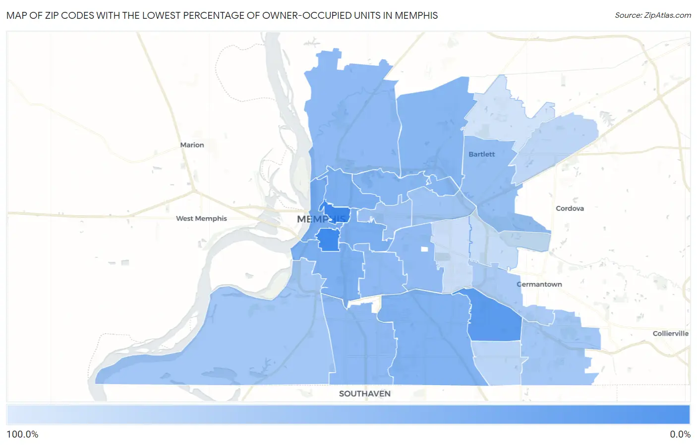 Zip Codes with the Lowest Percentage of Owner-Occupied Units in Memphis Map