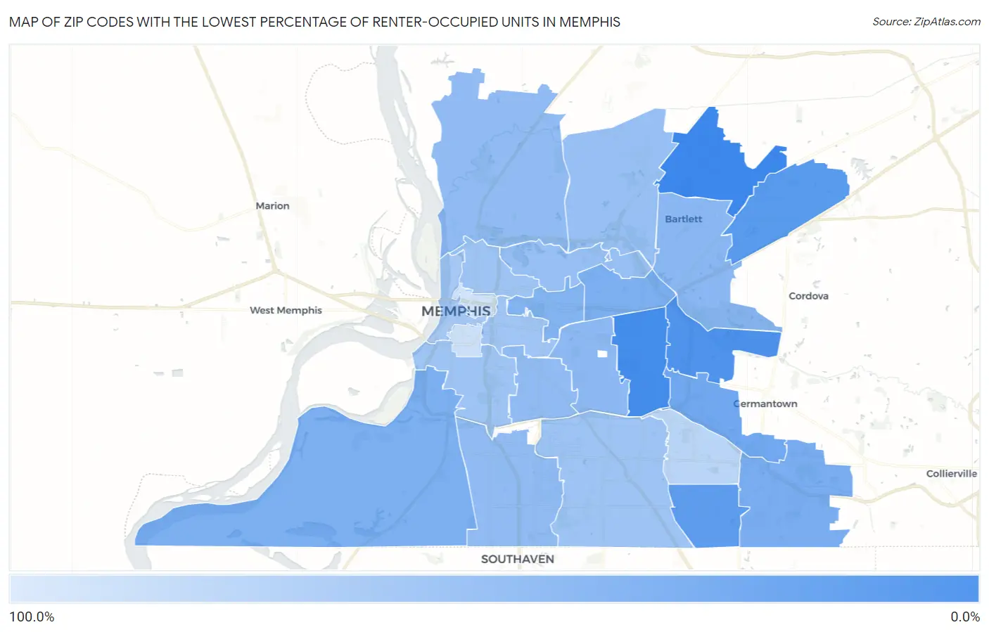 Zip Codes with the Lowest Percentage of Renter-Occupied Units in Memphis Map