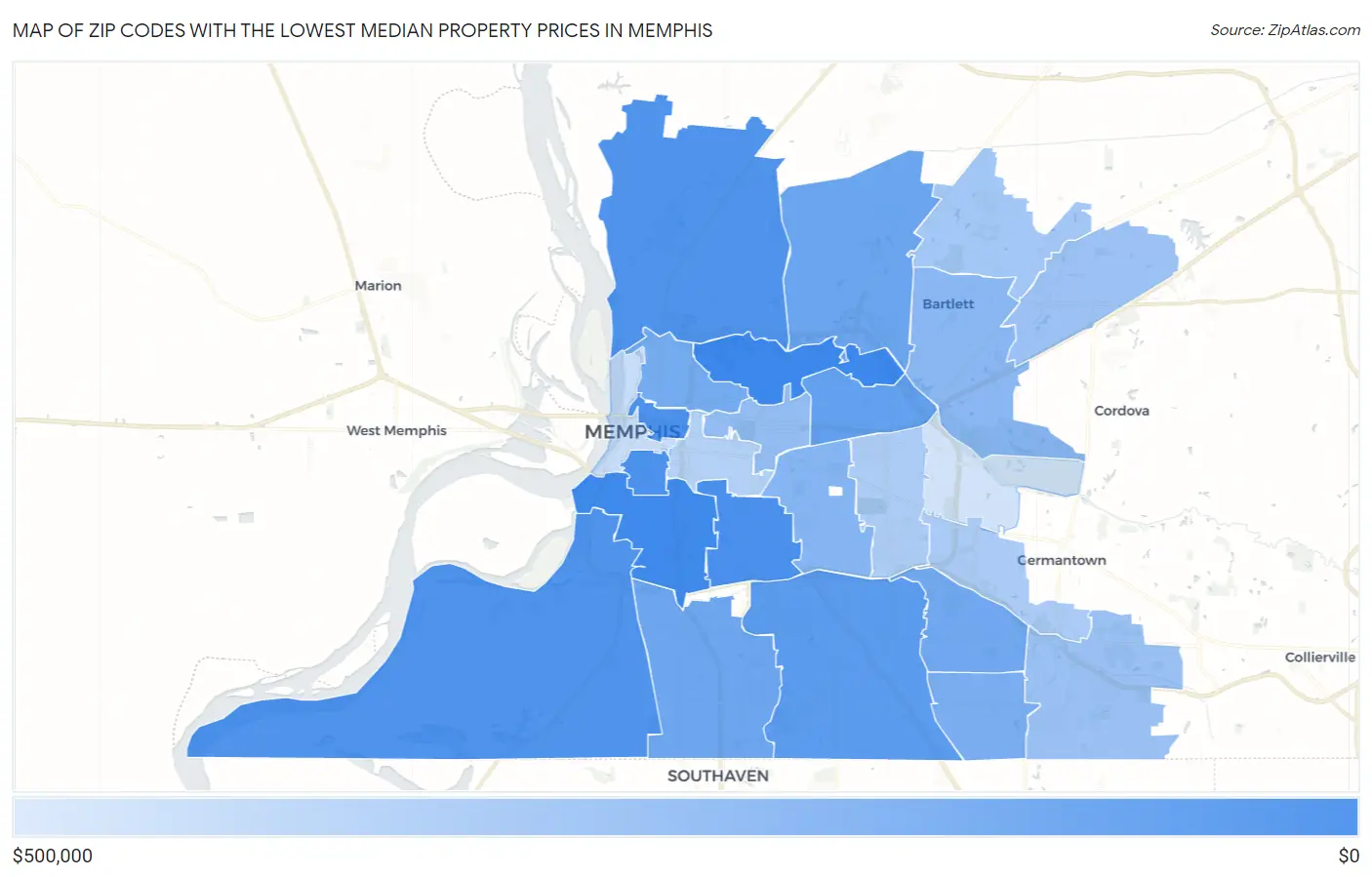 Zip Codes with the Lowest Median Property Prices in Memphis Map