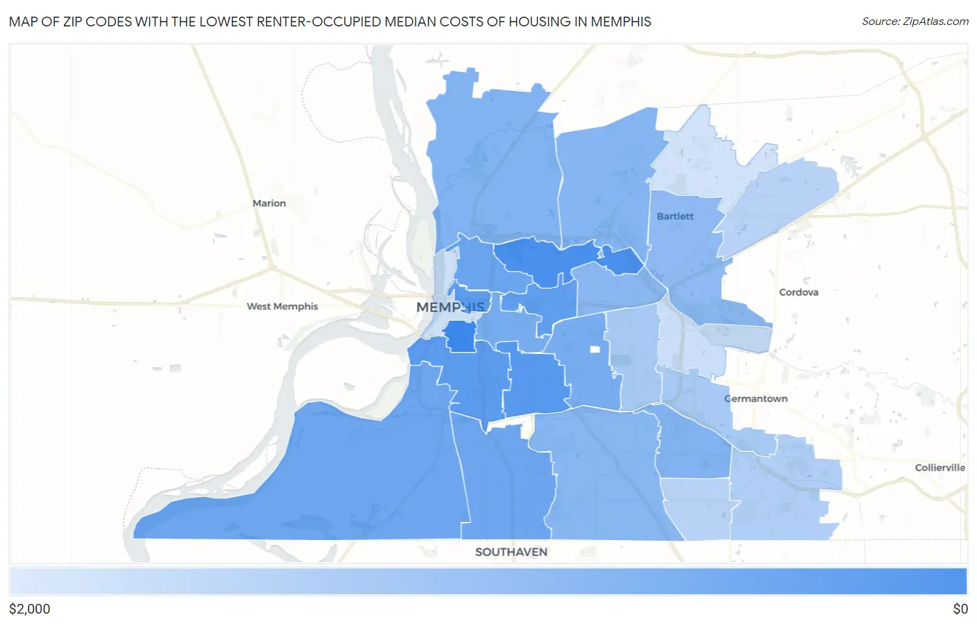 Zip Codes with the Lowest Renter-Occupied Median Costs of Housing in Memphis Map