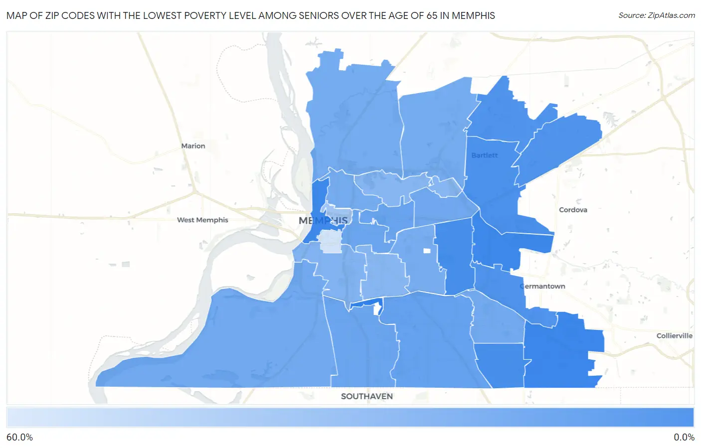 Zip Codes with the Lowest Poverty Level Among Seniors Over the Age of 65 in Memphis Map