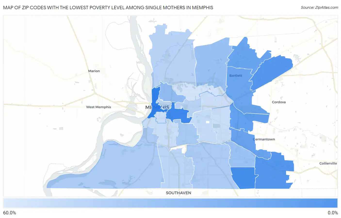 Zip Codes with the Lowest Poverty Level Among Single Mothers in Memphis Map