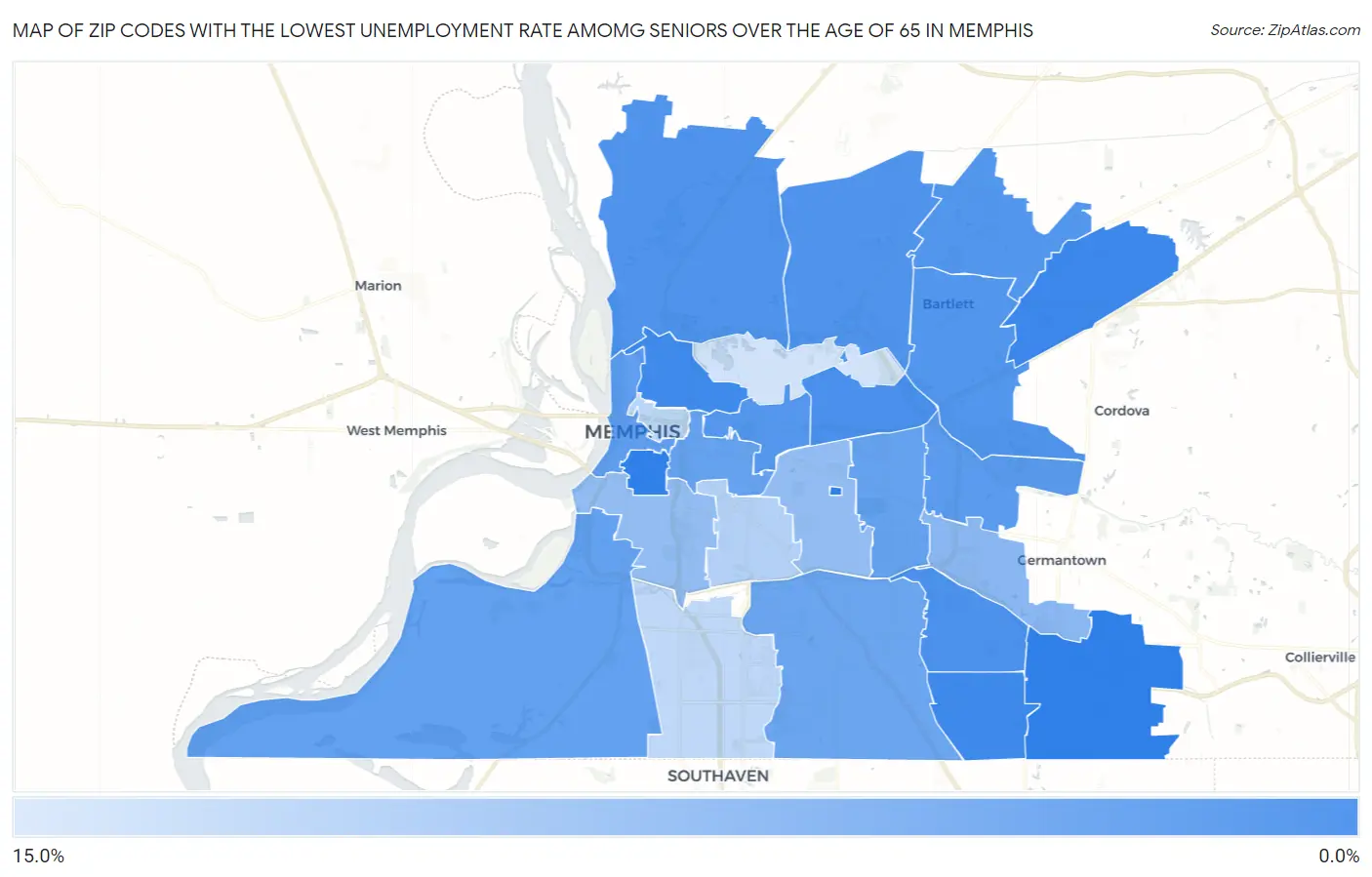 Zip Codes with the Lowest Unemployment Rate Amomg Seniors Over the Age of 65 in Memphis Map