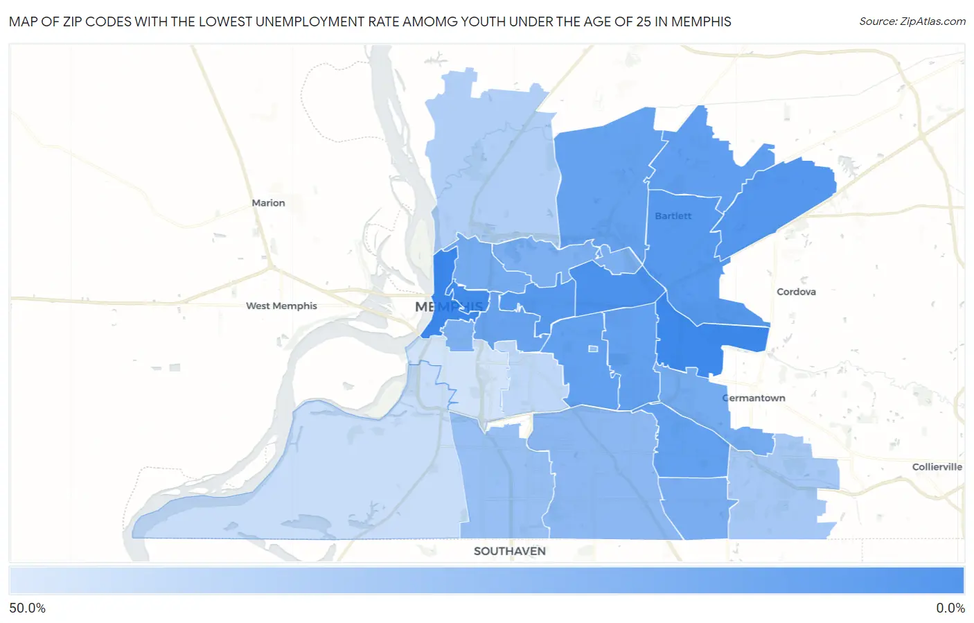 Zip Codes with the Lowest Unemployment Rate Amomg Youth Under the Age of 25 in Memphis Map