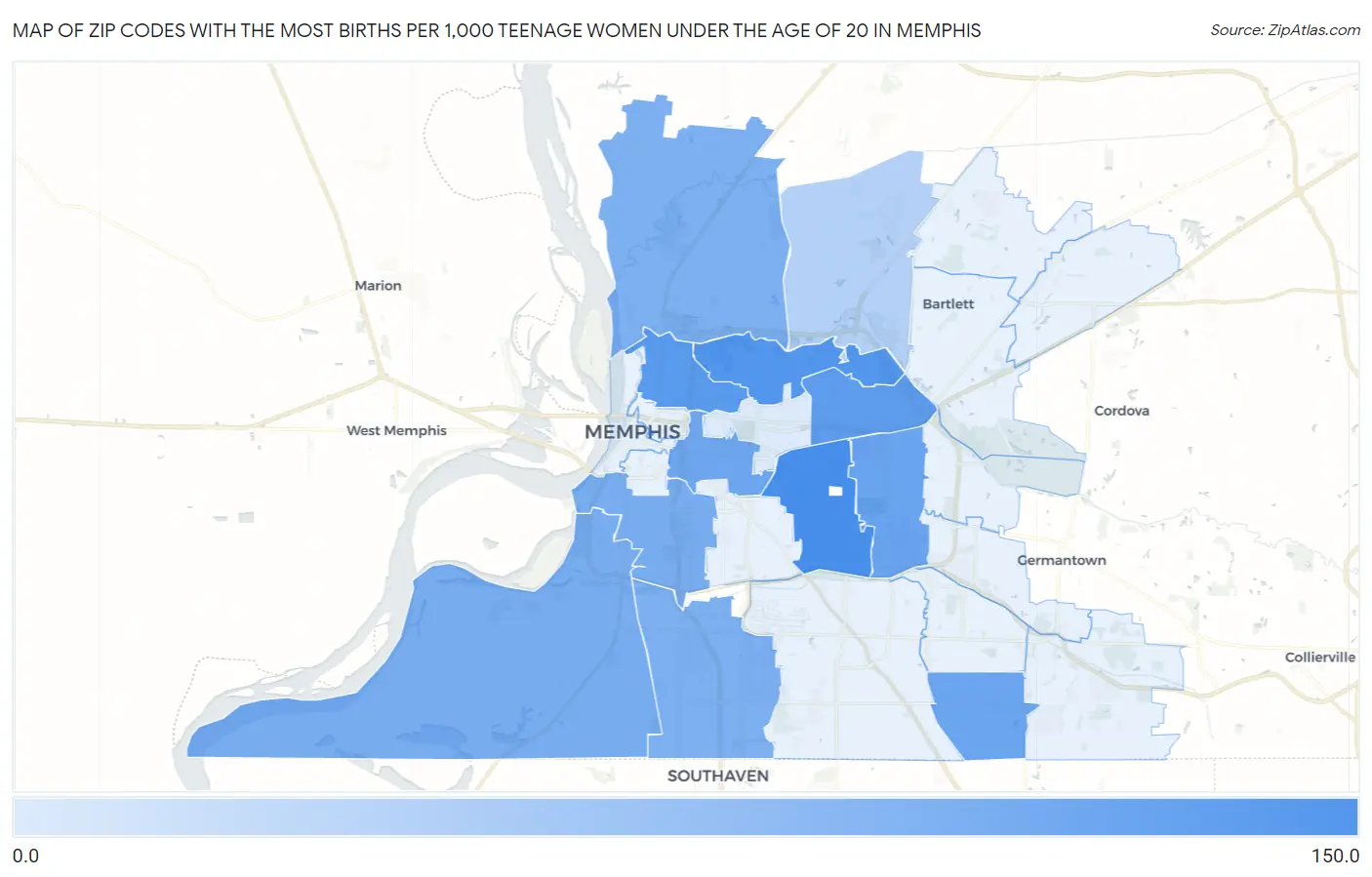 Zip Codes with the Most Births per 1,000 Teenage Women Under the Age of 20 in Memphis Map