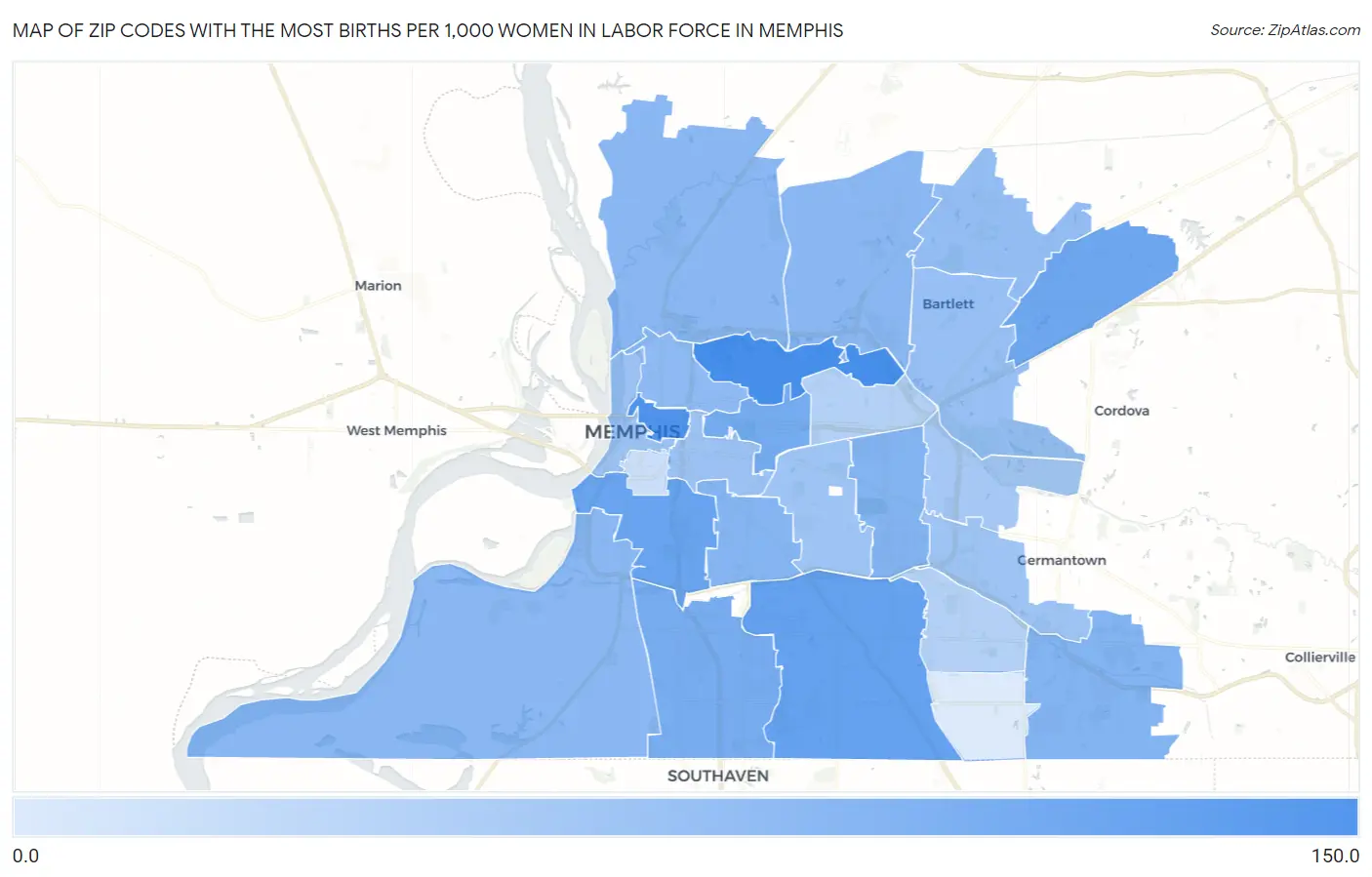 Zip Codes with the Most Births per 1,000 Women in Labor Force in Memphis Map