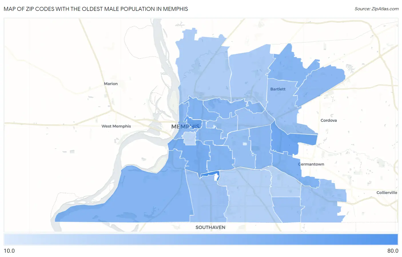 Zip Codes with the Oldest Male Population in Memphis Map