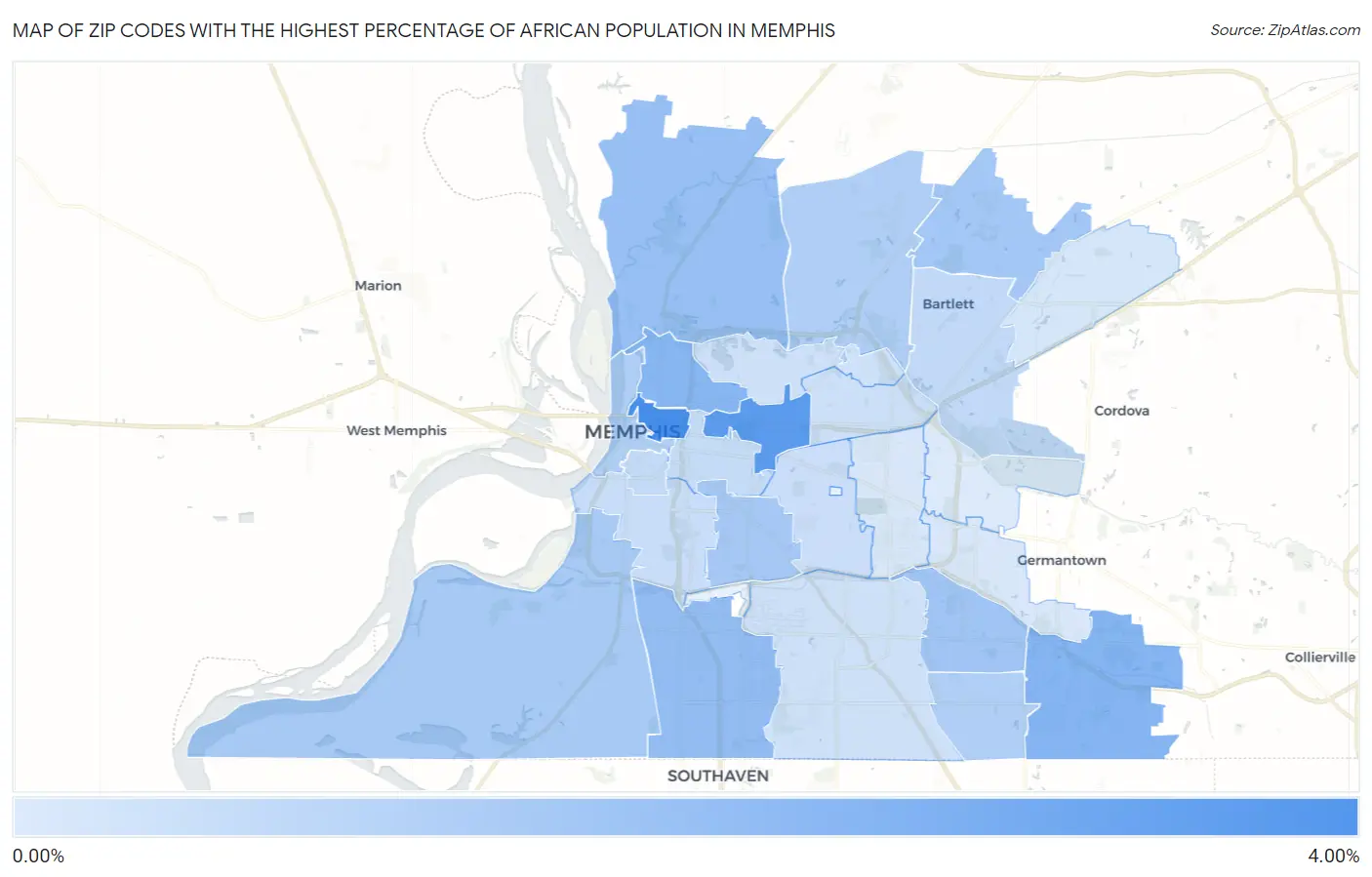 Zip Codes with the Highest Percentage of African Population in Memphis Map