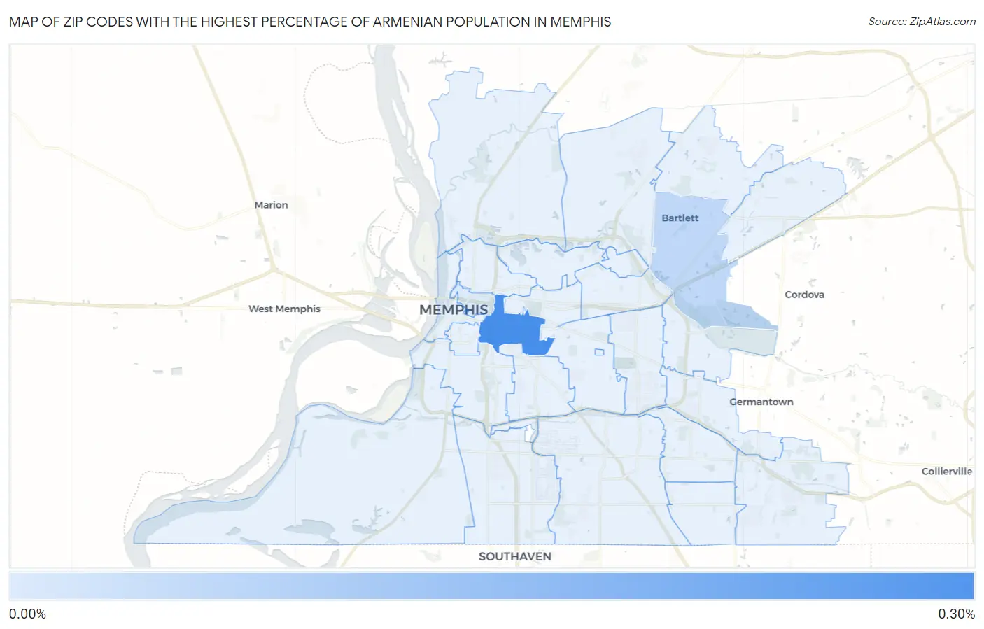 Zip Codes with the Highest Percentage of Armenian Population in Memphis Map