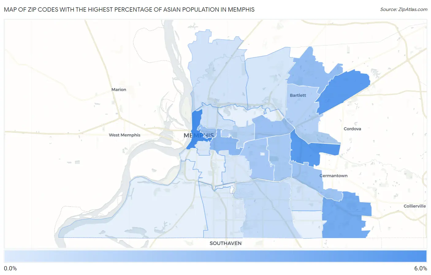 Zip Codes with the Highest Percentage of Asian Population in Memphis Map
