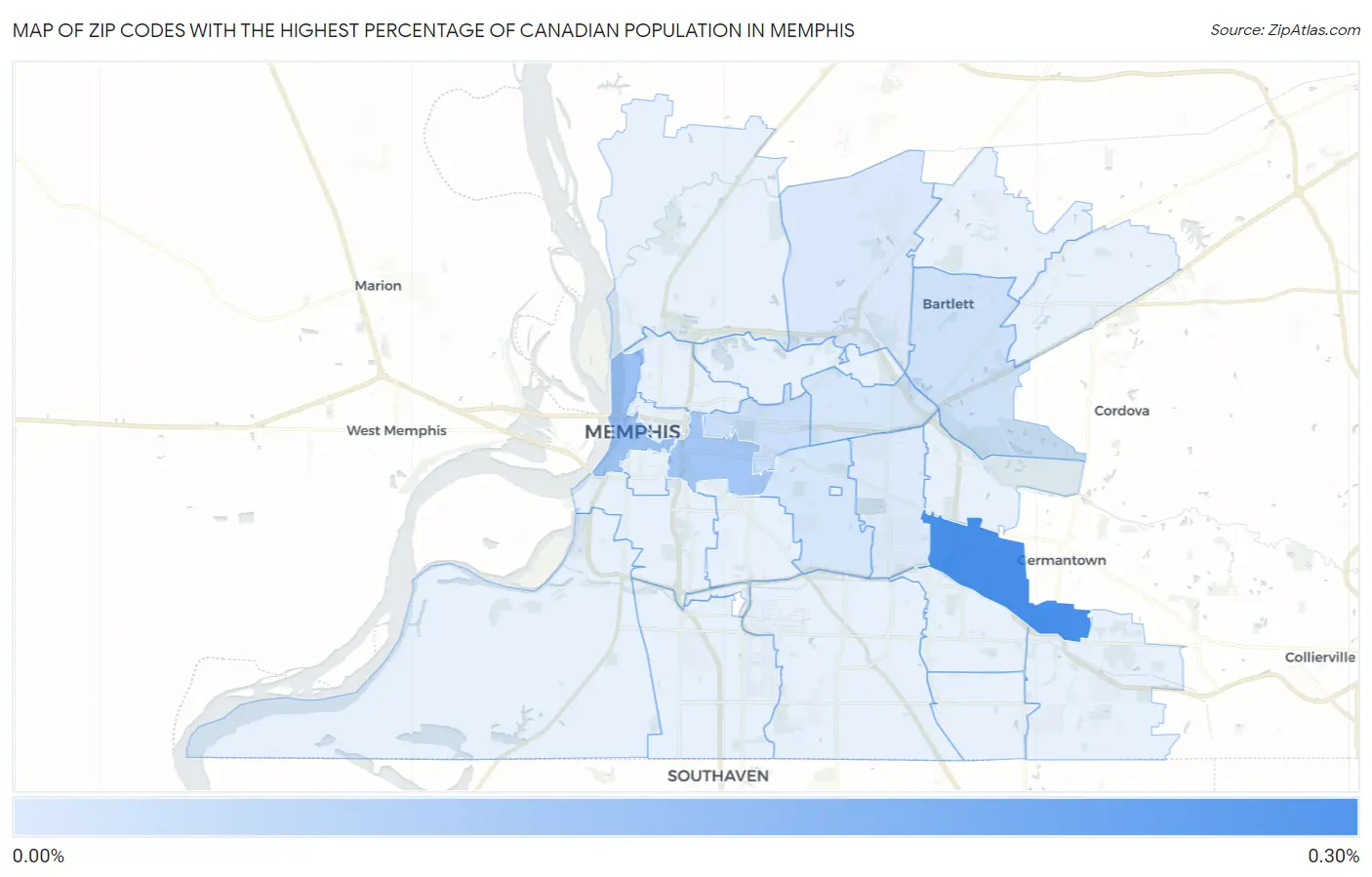 Zip Codes with the Highest Percentage of Canadian Population in Memphis Map