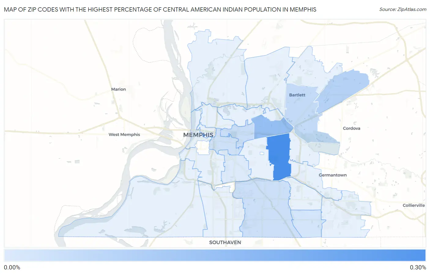 Zip Codes with the Highest Percentage of Central American Indian Population in Memphis Map