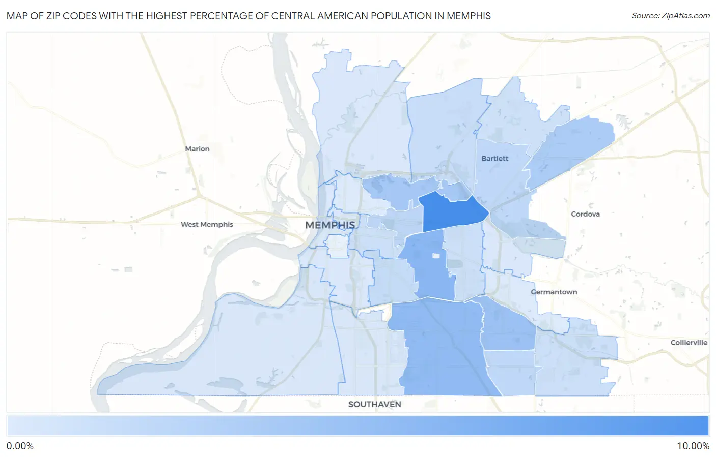 Zip Codes with the Highest Percentage of Central American Population in Memphis Map