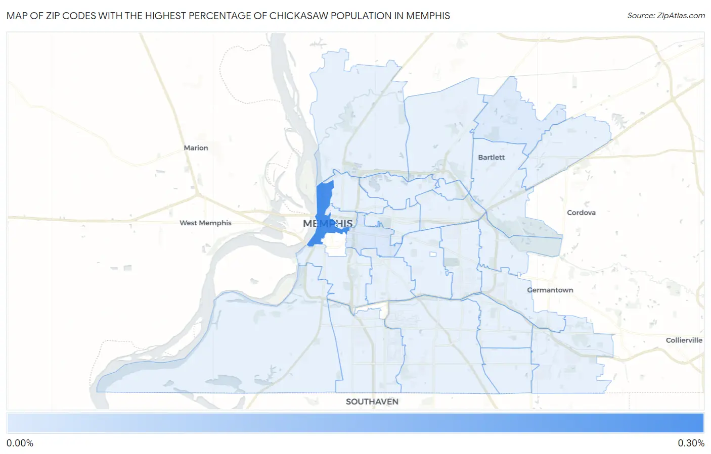 Zip Codes with the Highest Percentage of Chickasaw Population in Memphis Map