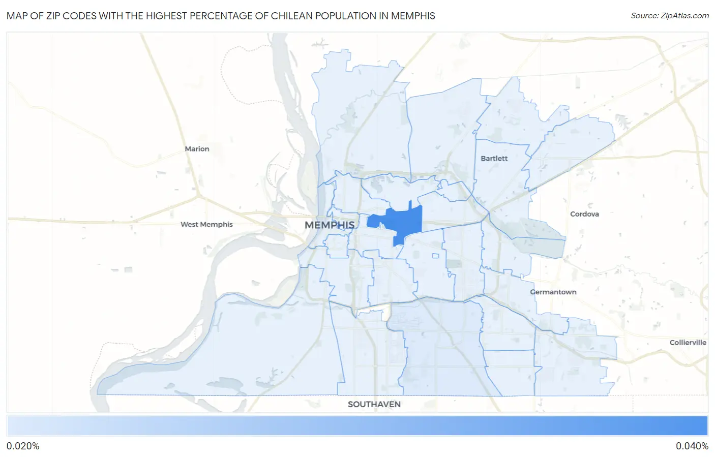 Zip Codes with the Highest Percentage of Chilean Population in Memphis Map