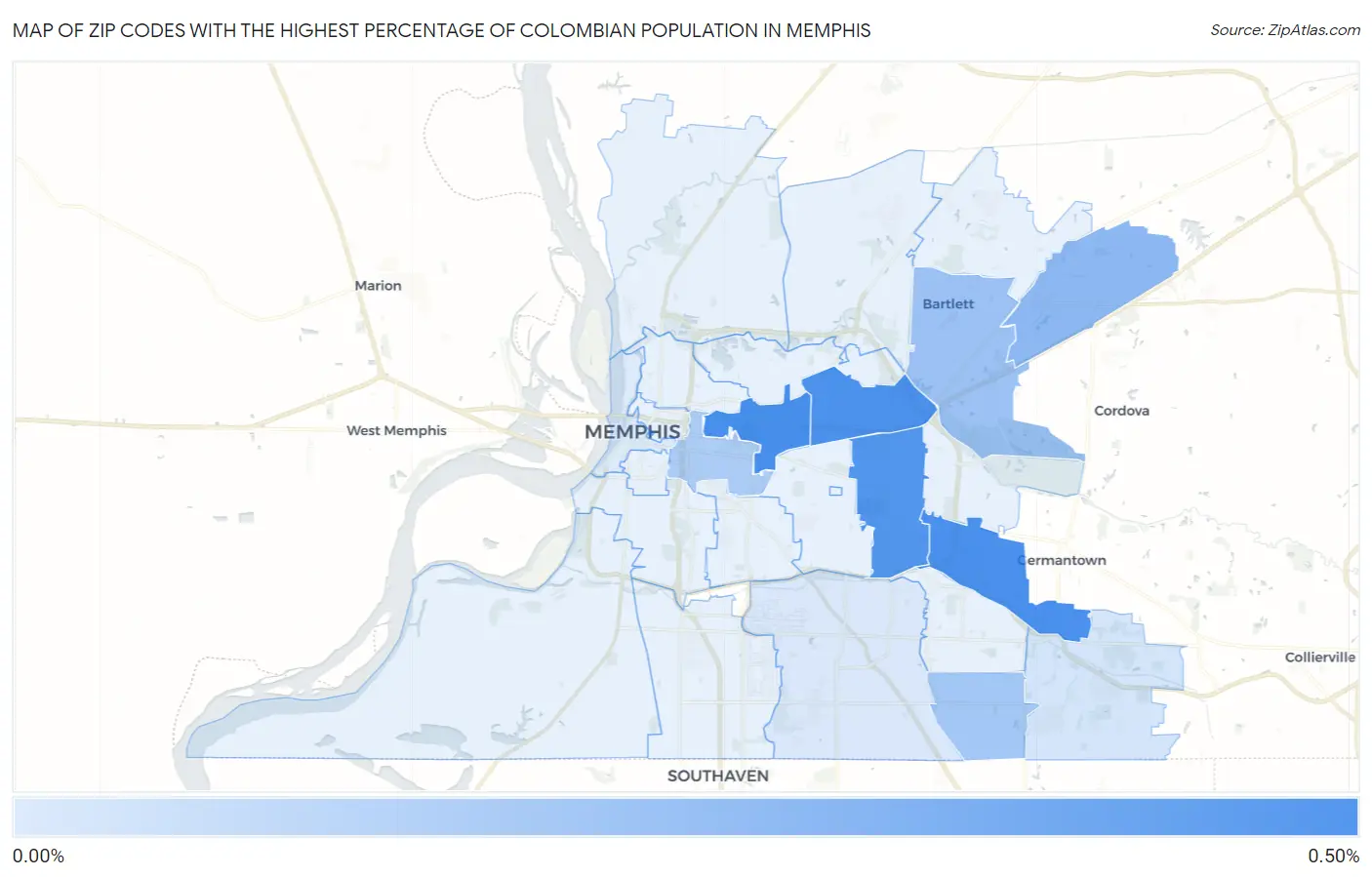 Zip Codes with the Highest Percentage of Colombian Population in Memphis Map