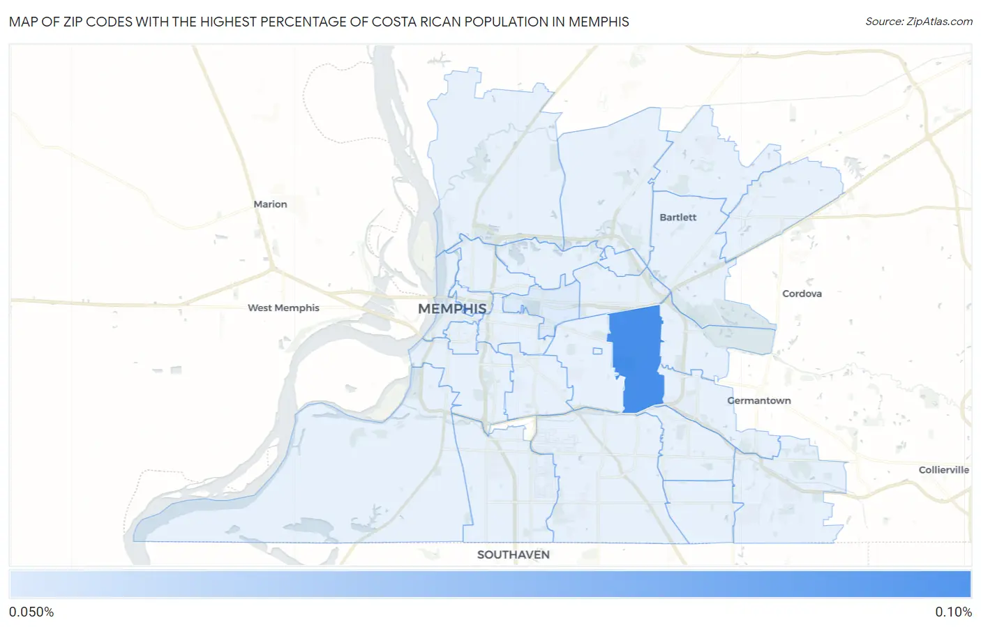 Zip Codes with the Highest Percentage of Costa Rican Population in Memphis Map