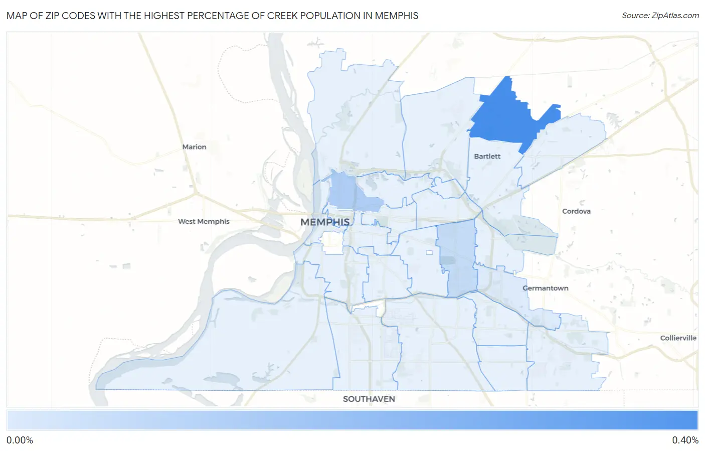 Zip Codes with the Highest Percentage of Creek Population in Memphis Map