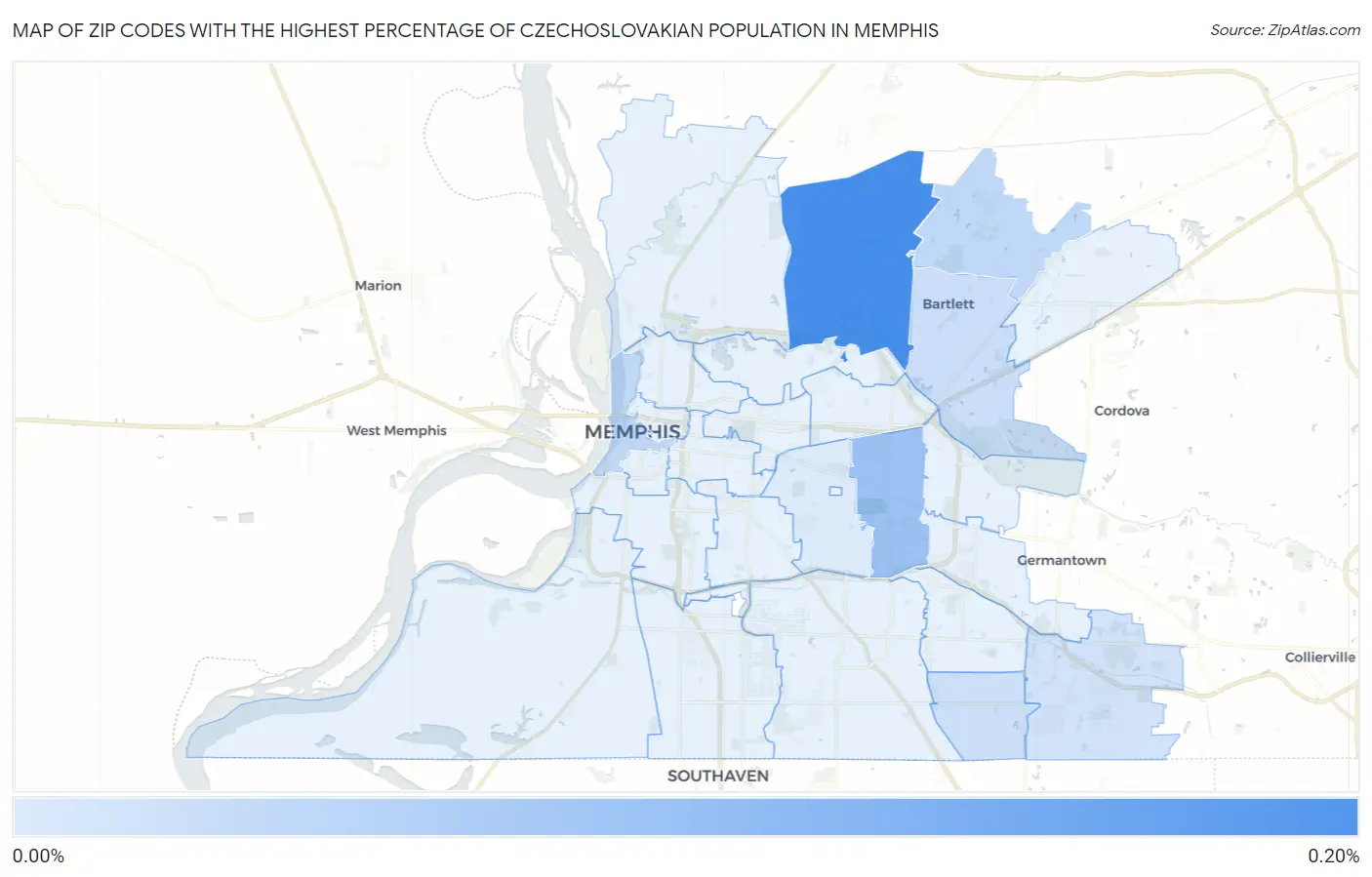 Zip Codes with the Highest Percentage of Czechoslovakian Population in Memphis Map