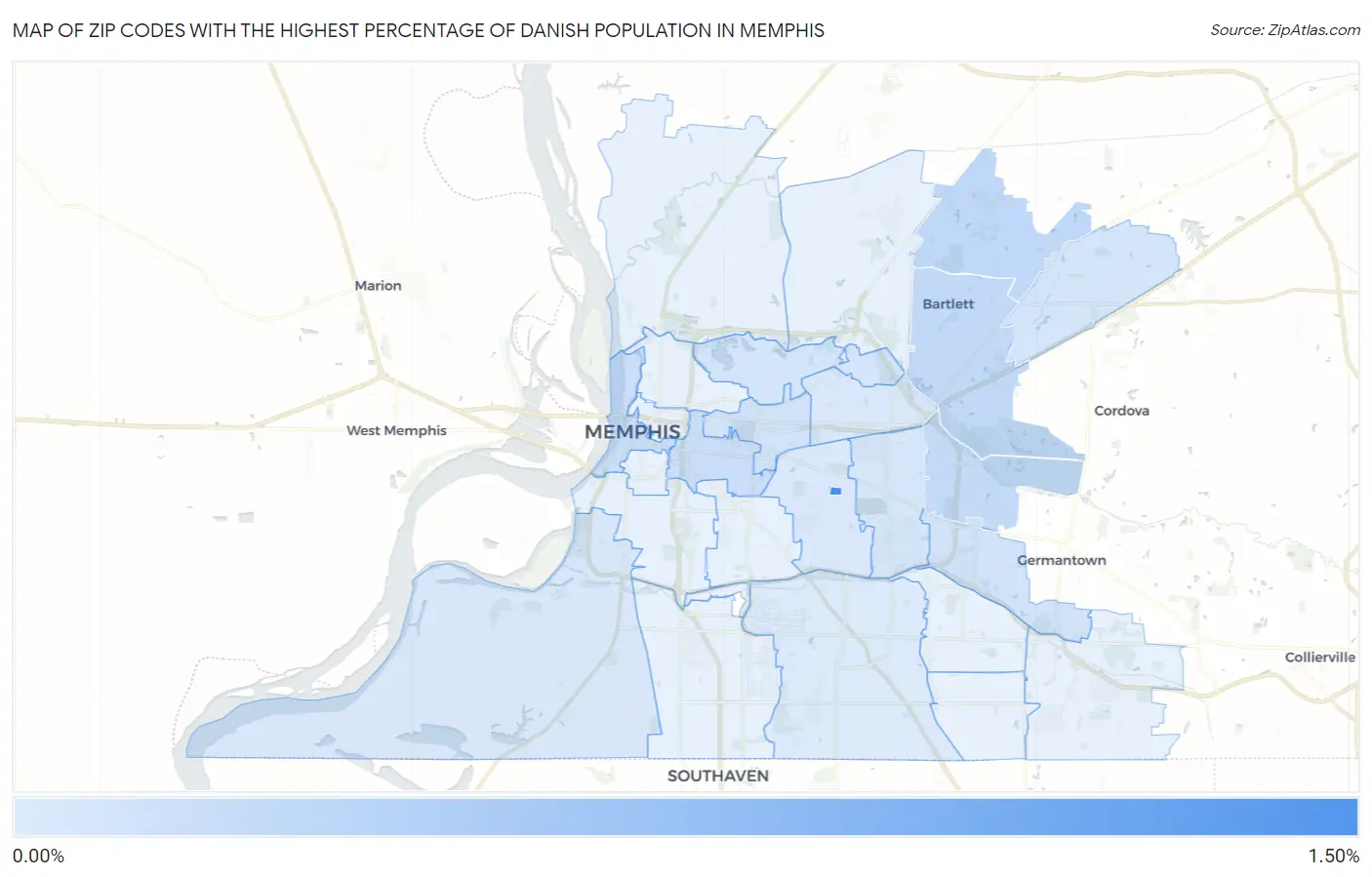 Zip Codes with the Highest Percentage of Danish Population in Memphis Map