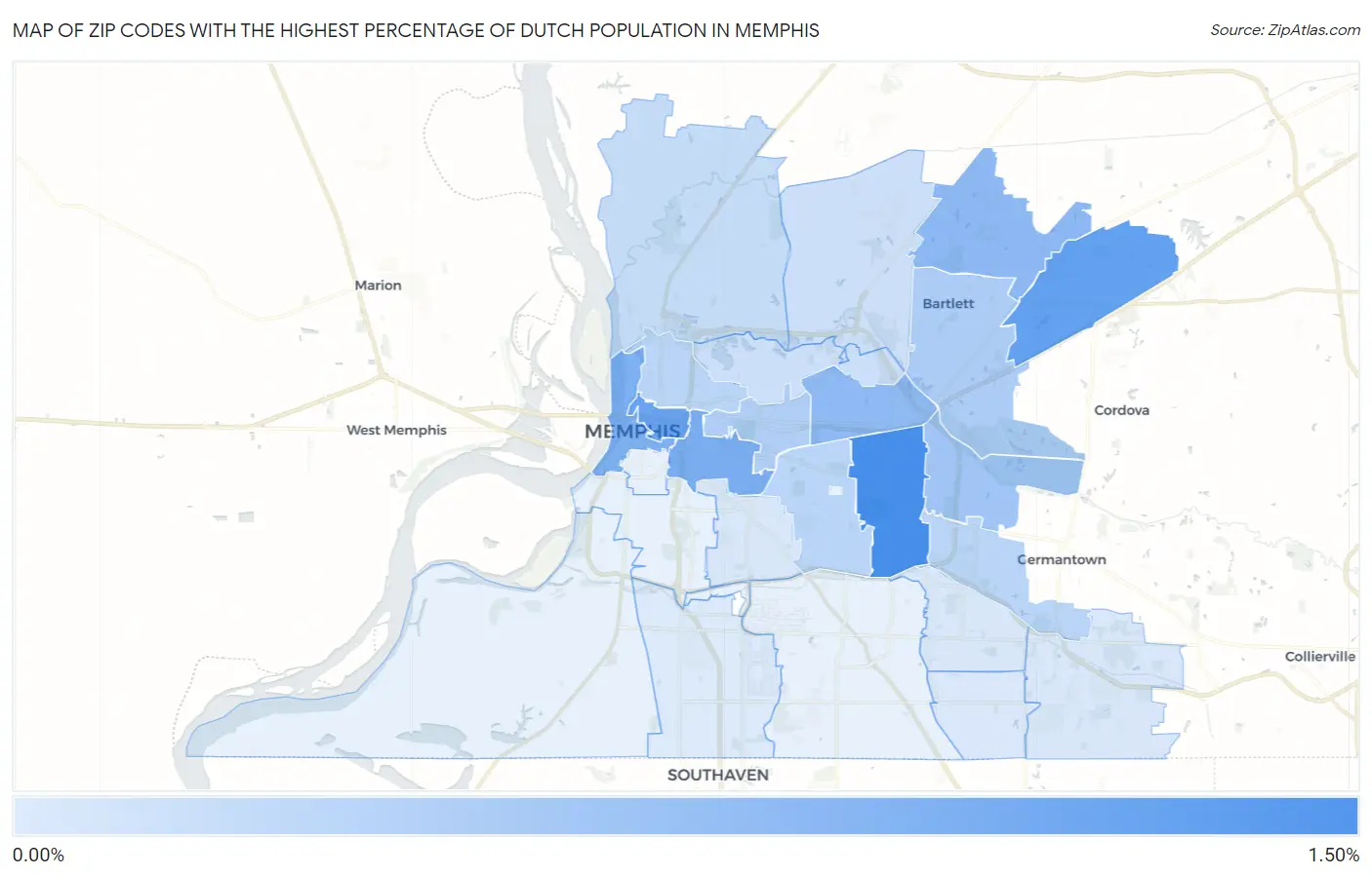 Zip Codes with the Highest Percentage of Dutch Population in Memphis Map