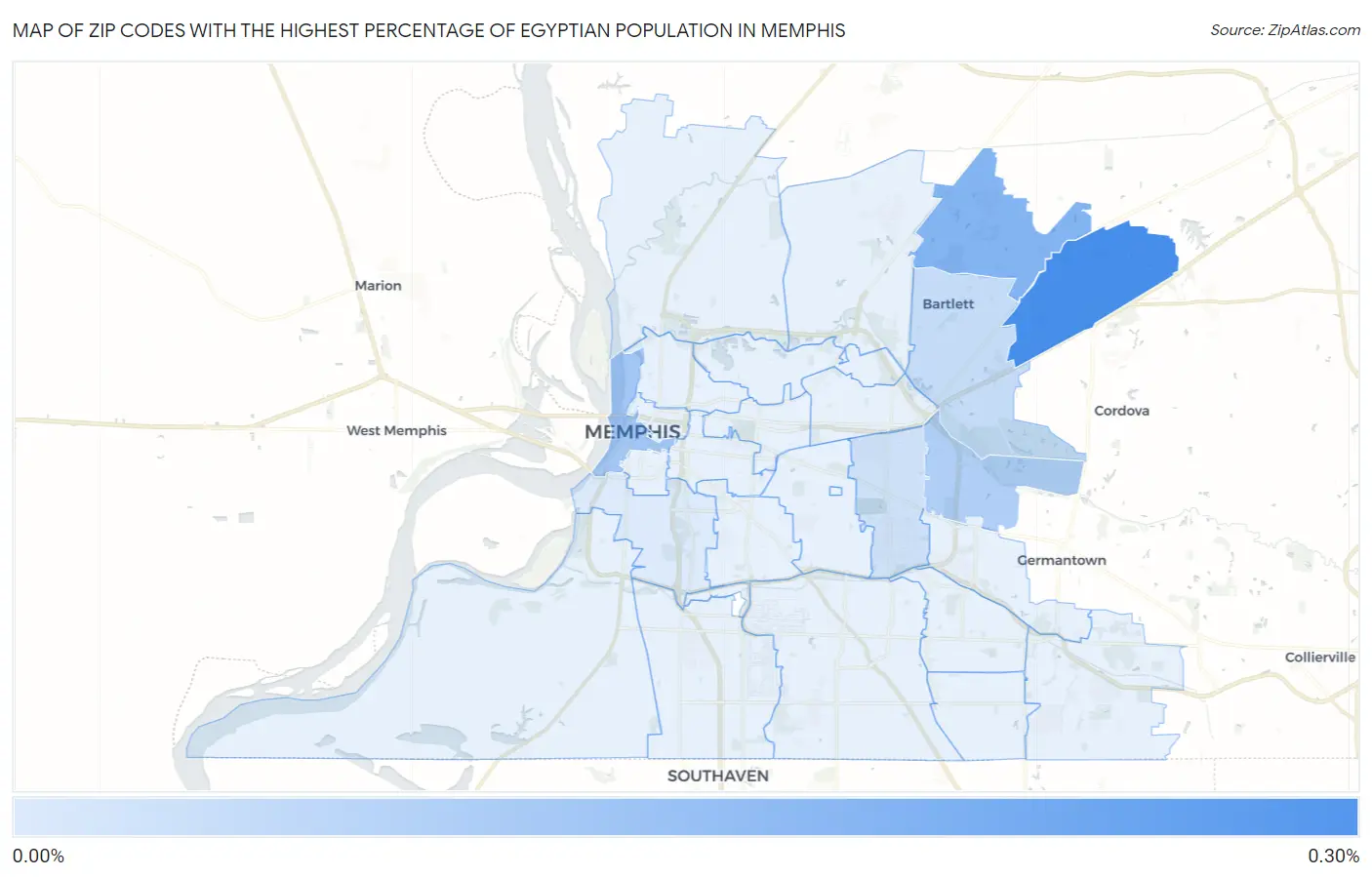 Zip Codes with the Highest Percentage of Egyptian Population in Memphis Map