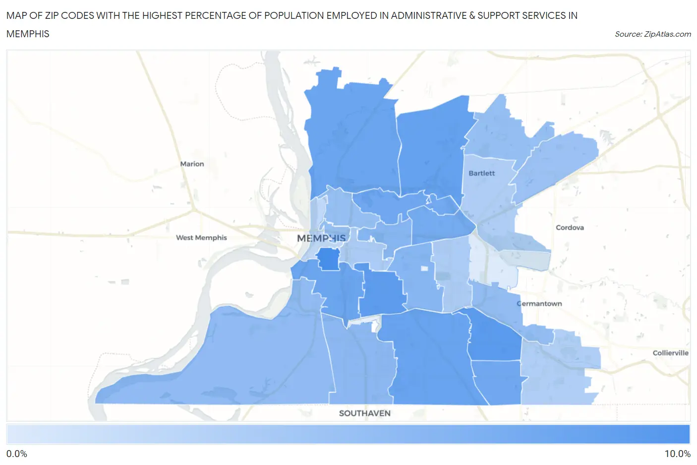 Zip Codes with the Highest Percentage of Population Employed in Administrative & Support Services in Memphis Map