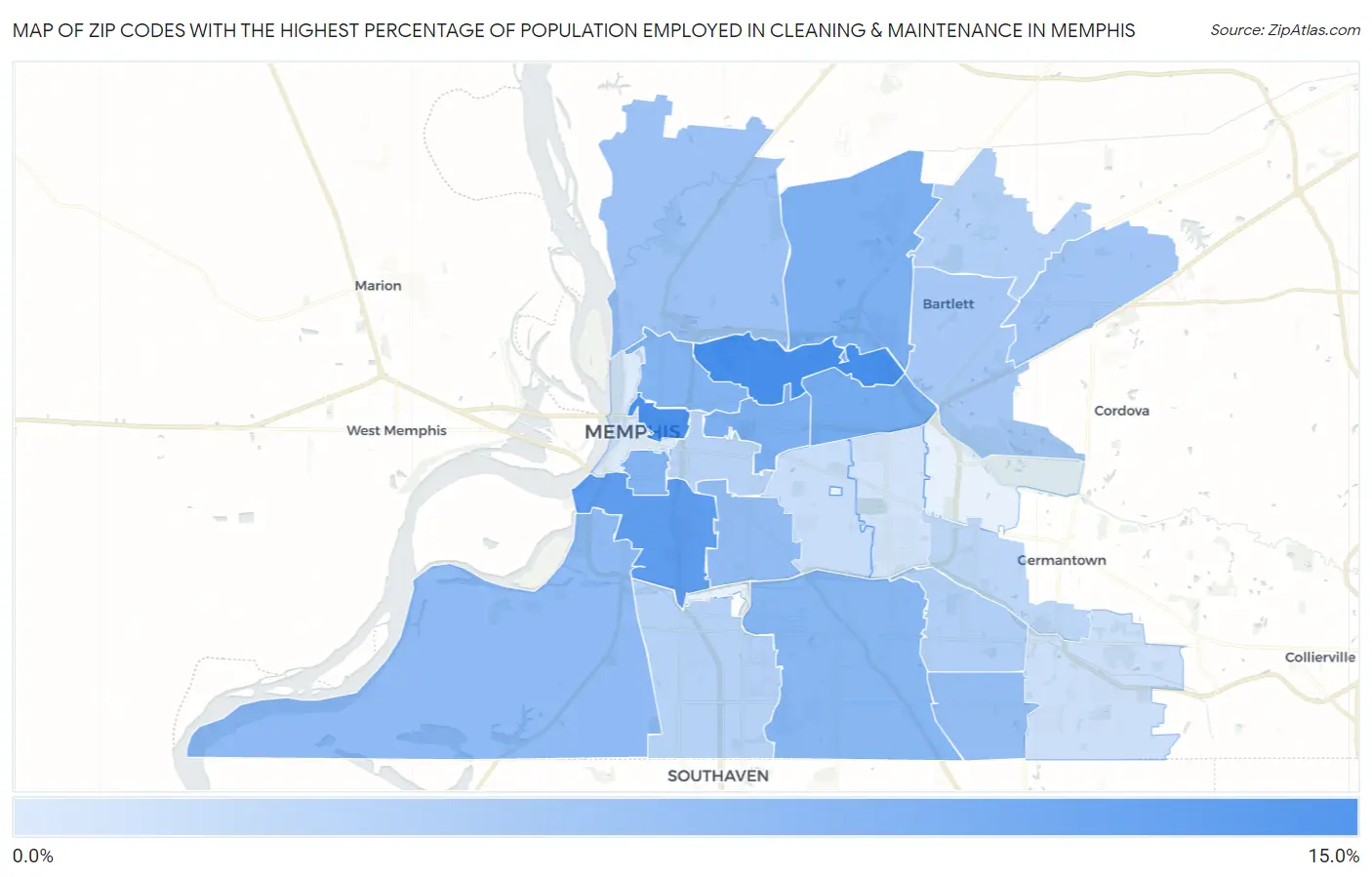 Zip Codes with the Highest Percentage of Population Employed in Cleaning & Maintenance in Memphis Map