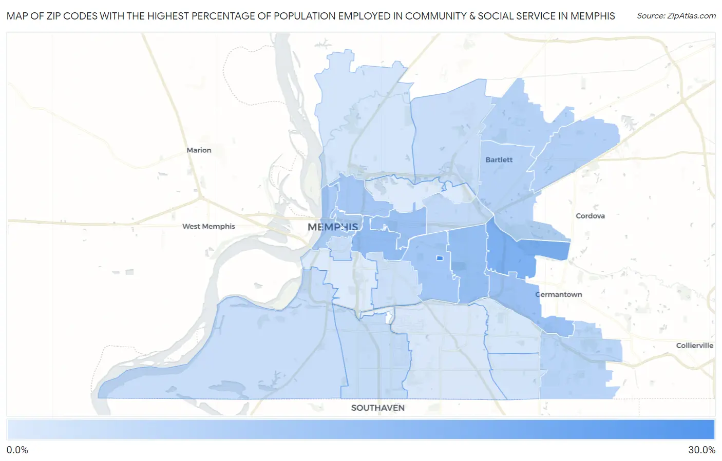 Zip Codes with the Highest Percentage of Population Employed in Community & Social Service  in Memphis Map
