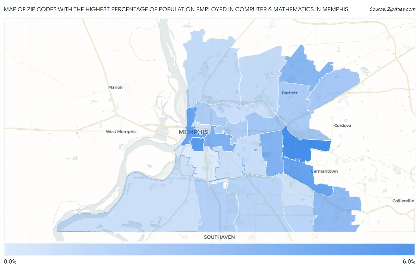 Zip Codes with the Highest Percentage of Population Employed in Computer & Mathematics in Memphis Map
