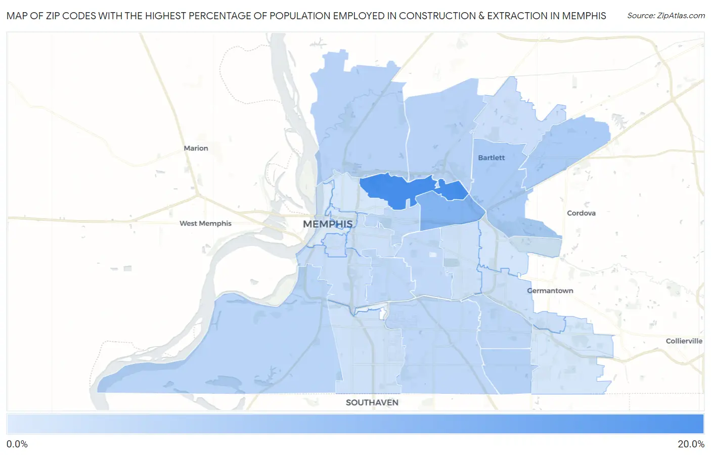 Zip Codes with the Highest Percentage of Population Employed in Construction & Extraction in Memphis Map